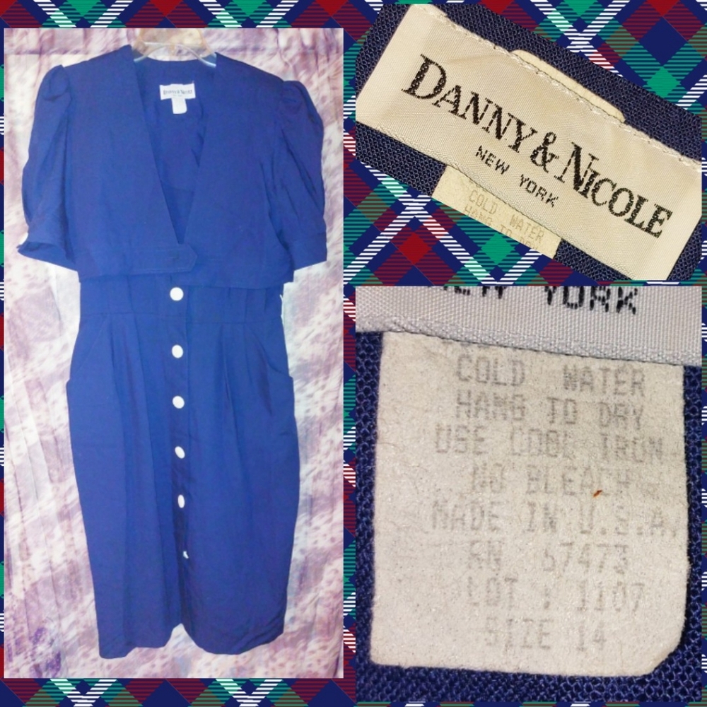 Danny & Nicole NY Navy Blue w/White Buttons Woven Midi Dress Sz 14 80s Vintage